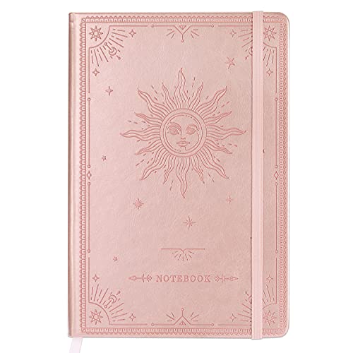 Artfan Ruled Notebook/Journal – Premium Thick Paper Faux Leather Classic Writing Notebook with Pocket + Page Dividers Gifts, Banded, Large, 144 Pages, Hard Cover, Lined (5.8 x 8.4) - The Sun - color: Rose Gold