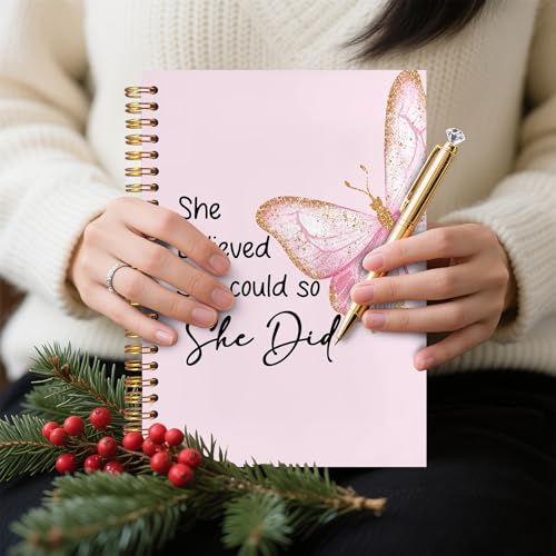 Pink Butterfly Inspirational Spiral Notebook 5.5x8.3, She Believed She Could So She Did Motivational Journal, Inspirational Encouragement Gifts for Women, Pink Office Supplies - color: Notebook-14