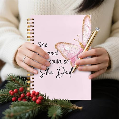 Pink Butterfly Inspirational Spiral Notebook 5.5x8.3, She Believed She Could So She Did Motivational Journal, Inspirational Encouragement Gifts for Women, Pink Office Supplies - color: Notebook-14
