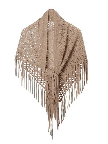 Verdusa Women's Boho Fringe Crochet Shawl Hollow Out Knitted Wrap Cape Cardigan - color: Brown