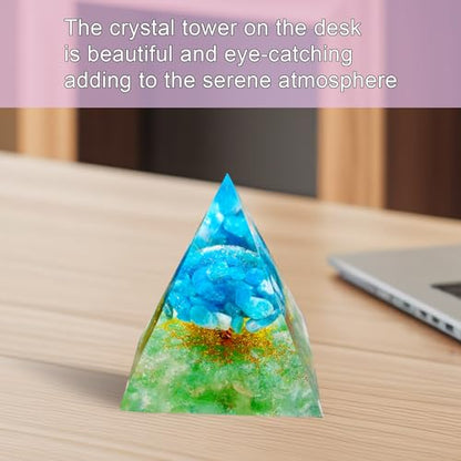 Tree of Life Orgone Pyramid,Natural Green Strawberry&Apatite Orgonite Healing Crystals Pyramid,Crystal Stone Positive Reiki Energy Generator Collection Wealth Lucky Meditation Tool(6cm) - color: Blue Green