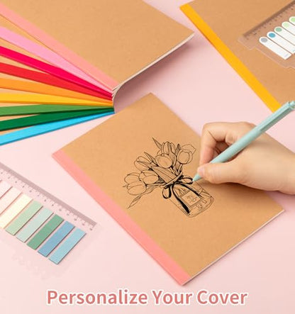 30 Pack Blank Notebook Journals Bulk, A5 Unlined Paper Composition Notebook, 8.3”x 5.5”, Kraft Cover with Rainbow Spines, 15 Colors 60 Pages for School Office Travel