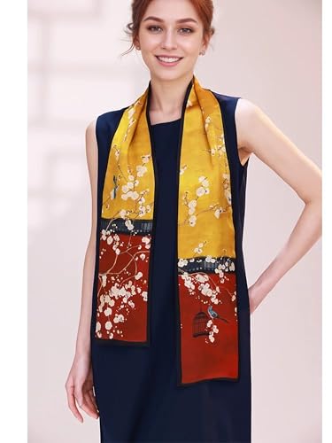100% Silk Scarf for Women 59”*6.3” Long Shawls for Headscarf and Neck- Oblong Hair Wraps with Gift Packed - color: Yellow&red