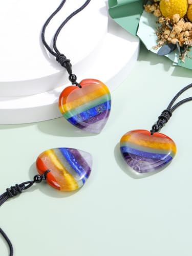 Jovivi Natural 7 Chakras Healing Crystals Necklace Heart Gemstone Palm Worry Stone Chakra Pendant Necklace for Anxiety Stress Relief Balancing Meditation - color: Heart-shaped