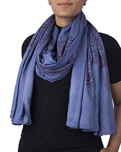 Yoga Scarf Meditation Shawl Large Wrap Hindu Prayer Stole OM Ganesha print - color: Blue