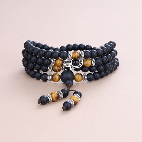 COAI 108 Mala Beads Hamsa Hand Bracelet, Wrap Bracelet Beaded Necklace for Men Women - style: Matte Onyx