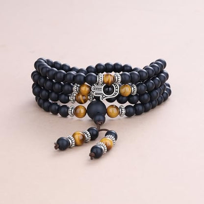 COAI 108 Mala Beads Hamsa Hand Bracelet, Wrap Bracelet Beaded Necklace for Men Women - style: Matte Onyx