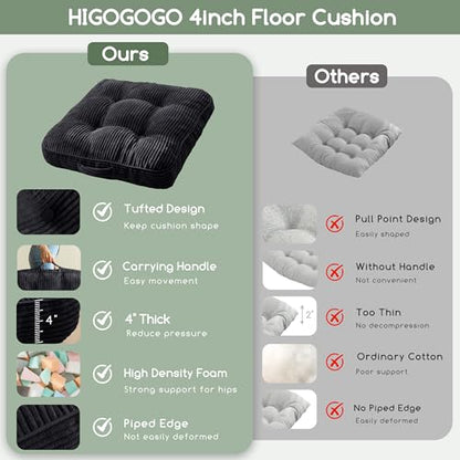 HIGOGOGO 4" Washable Floor Pillow Cushion for Adults, Meditation Cushion Pillow, Large Square Floor Sitting, Removable Tufted Corduroy Cover, for Tatami Living Room or Yoga, 22x22 Inch,Black