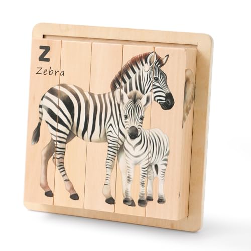 IEATFO 4 in 1 Wooden Animal Chunky Puzzle, 5 Solid Wood Puzzle Blocks with 4 Sides Realistic Safari Animals, Wooden Block Puzzle with Durable Base for Toddlers 3+ Years - Montessori Inspired - style: 4 in 1 (Safari)