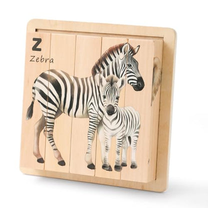 IEATFO 4 in 1 Wooden Animal Chunky Puzzle, 5 Solid Wood Puzzle Blocks with 4 Sides Realistic Safari Animals, Wooden Block Puzzle with Durable Base for Toddlers 3+ Years - Montessori Inspired - style: 4 in 1 (Safari)