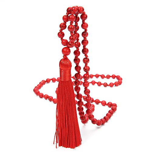 6MM Mala Beads Necklace Natural Amazonite Stone Meditation Statement Necklace Japa Yoga Rosary Prayer Charm Beaded Tassel Necklace - style: Natural Red Turquoise