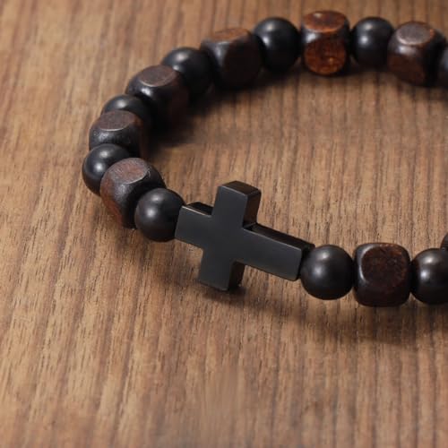 MILAKOO Wooden Bracelet with Black Stainless Steel Cross Charms Bead Christian Gifts for Women Men - color: C2