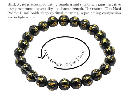 Amazing Gemstone Crystal Bracelet for Women Men's Gifts - Protection Healing Crystal Bracelet - 8mm Gemstone Beaded Stretchable Bracelet Pulseras Para Hombres Mujer Stocking Stuffers Mothers Day Gift (Black Agate (Om Mani Padme Hum)) - color: Black Agate
