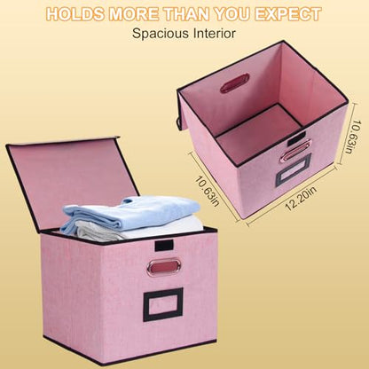 Large Square Storage Bin with Lid, Foldable Organizer Box with Handles & Label Design, for Office, Closet, Home, Documents, Pink, 12.20 x 10.63 x 10.63 Inches, 1 Pack - color: Pink, style: Square - 1 Pack