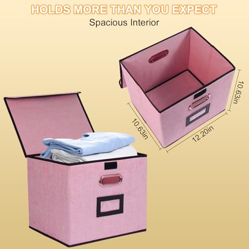 Large Square Storage Bin with Lid, Foldable Organizer Box with Handles & Label Design, for Office, Closet, Home, Documents, Pink, 12.20 x 10.63 x 10.63 Inches, 2 Pack - color: Pink, style: Square - 2 Pack