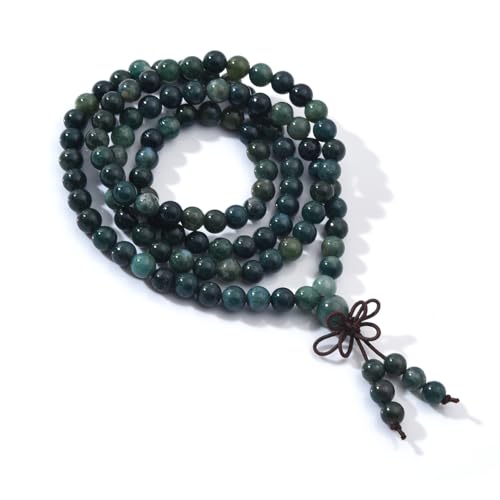 108 Mala Prayer Beads Bracelet 6mm Genuine Gemstone Healing Crystal Stone Beaded Bracelet Buddhist Tibetan Handmade Knotted Elastic Necklace for Yoga Meditation Unisex Women Men - color: Moss Agate
