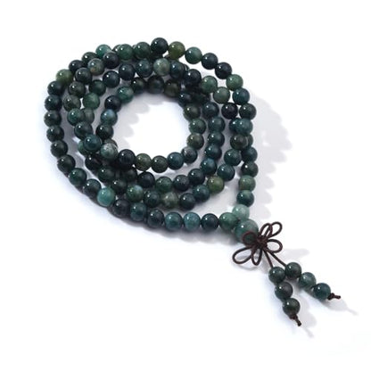 108 Mala Prayer Beads Bracelet 6mm Genuine Gemstone Healing Crystal Stone Beaded Bracelet Buddhist Tibetan Handmade Knotted Elastic Necklace for Yoga Meditation Unisex Women Men - color: Moss Agate