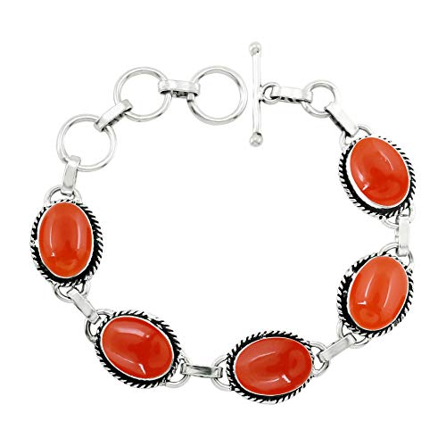 Oval Shape Natural & Synthetic Gemstones 925 Silver Plated Handmade Link Bracelets for Women - Birthstone Vintage Style Bohemian Adjustable Bracelet - Gifts for Wedding Anniversary Christmas - color: Carnelian