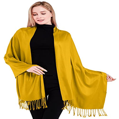 CJ Apparel Solid Color Tassels Design Nepalese Shawl Scarf Wrap Stole Throw Head Wrap Pashmina Gift Hand Made in Nepal New - color: Amber Yellow