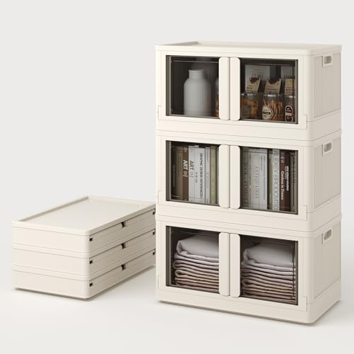 FLEXIMOUNTS 228 QT Stackable Storage Bins With Lids, Collapsible Plastic Storage Bins With Doors and Built-in Wheels For Home Dorm Closet Organizers and Storage, 3 Pack Cubes, Milky White - color: Milky White, size: 76 Qt-3 Pack