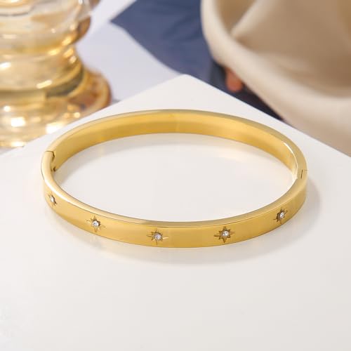 Gold Bangle for Women - 18K Gold Plated Stainless Steel Love Friendship Crystal Bracelets with Cubic Zirconia - color: Snowflake Bangle - GOLD