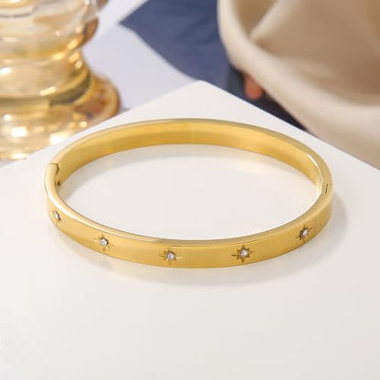 Gold Bangle for Women - 18K Gold Plated Stainless Steel Love Friendship Crystal Bracelets with Cubic Zirconia - color: Snowflake Bangle - GOLD