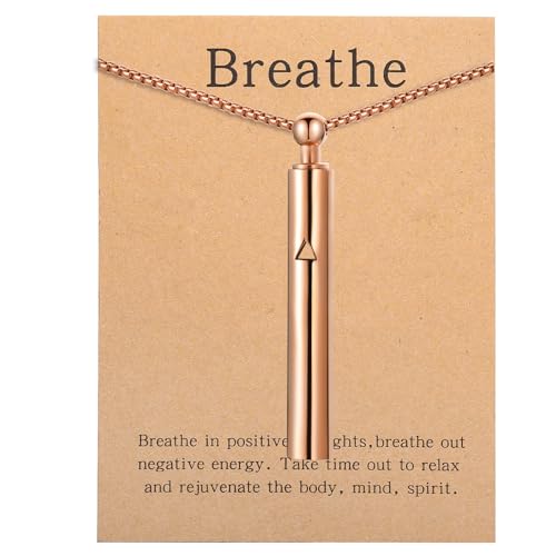 Anxiety Breathe Easy Necklace Mindfulness Breathing Necklace Breathlace Stainless Steel Pendant for Natural Calm & Stress Relief - color: Rose Gold T