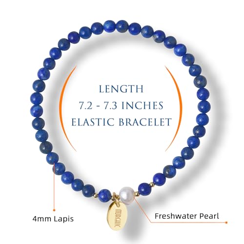 4mm Natural Gemstone Beads Stretch Bracelet for Women, With Freshwater Pearls, Energy Gem Birthday Gift for Her 7.2” - color: Lapis Lazuli