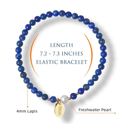 4mm Natural Gemstone Beads Stretch Bracelet for Women, With Freshwater Pearls, Energy Gem Birthday Gift for Her 7.2” - color: Lapis Lazuli