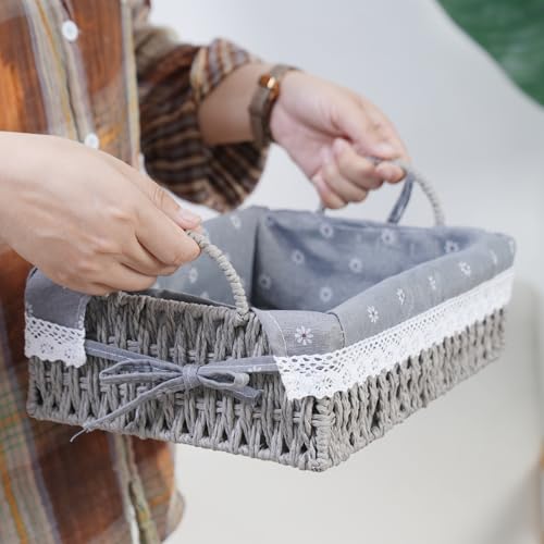 Paper Rope Basket for Organizer on Shelves,Set of 2 Handmade Grey Woven Rectangle Storage Basket Set with Handles and Removable Liners,Ideal for Cosmetics, Toys, Snacks