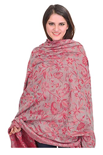 Exotic India Women Reversible Jamawar Wool Shawl with Woven Flowers | Ethnic Beautiful Floral Weave Stole, Dupatta - color: Magenta Haze