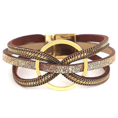 Fesciory Leopard Bracelet for Women, Boho Leather Wrap Multi-Layer Pearl Crystal Bracelet Bangle Jewelry - style: Circle(Brown)