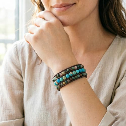 YGLINE Boho Handmade Natural Stone Bead 3 Row Wide Wrap Wrist Statment Bracelet Jewelry Collection - color: agate＆ turquoise