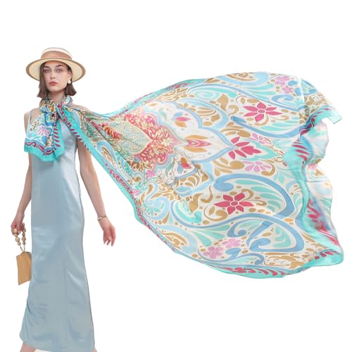 100% Mulberry Extra Large Silk Pashmina Scarf Shawls And Wraps For Women Evening Dress Summer Travel Floral Blanket - color: 72 Blue