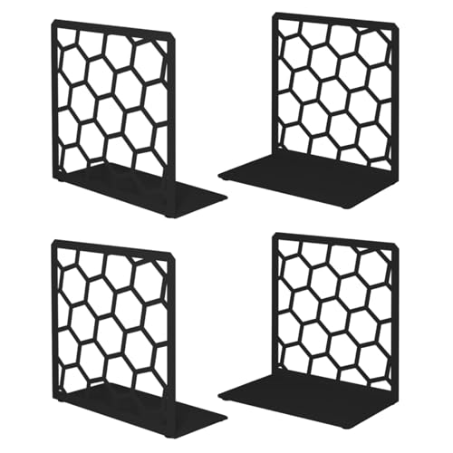 GEOMOD Geometric Honeycomb Black Metal Bookends Decorative - Tall Sturdy Book Ends for Shelves - Modern Heavy Duty Bookend Stopper - Office or Home Book Shelf Book Holder - 6x3.25x6.25 Inches - 2 Pair - color: Black, size: 2 Pairs