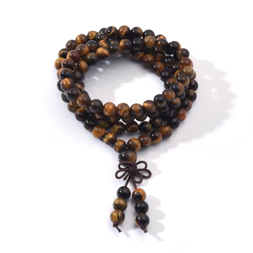 108 Mala Prayer Beads Bracelet 6mm Genuine Gemstone Healing Crystal Stone Beaded Bracelet Buddhist Tibetan Handmade Knotted Elastic Necklace for Yoga Meditation Unisex Women Men - color: Yellow Tiger Eye
