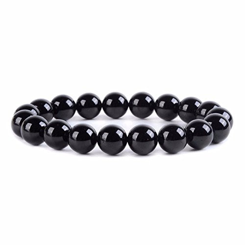 Justinstones Gem Semi Precious Gemstone 10mm Round Beads Stretch Bracelet 7 Inch Unisex - color: Black Tourmaline