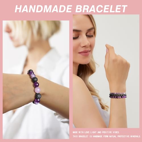 4pcs Beaded Bracelets for Women,Natural Healing Crystal Gemstones Bracelet,Anxiety Stress Relief Bracelet Handmade purple Jewelry Gifts for Women - color: Lepidolite&Lava Rock&Amethyst