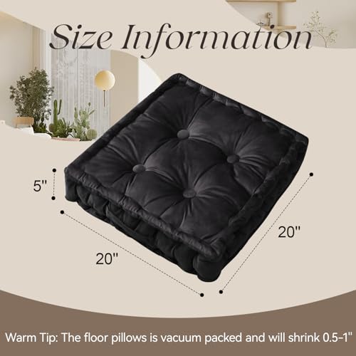 Square Floor Pillows, Large Floor Cushion for Adults Kids, Meditation Floor Pillow Seating Cushion with Shredded Memory Foam and Silk Wadding, 20"x20"x5" Black