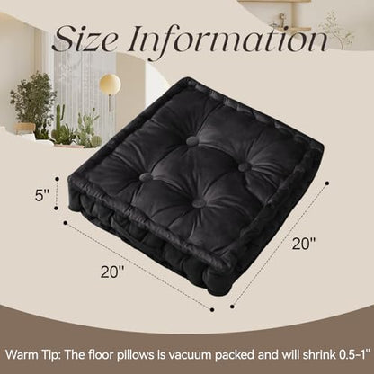 Square Floor Pillows, Large Floor Cushion for Adults Kids, Meditation Floor Pillow Seating Cushion with Shredded Memory Foam and Silk Wadding, 20"x20"x5" Black