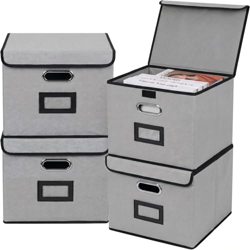 File Storage Box with Lid, 15.55x12.87x10.43 Inches, Foldable Organizer with Handles & Label Slot, for File Storage, Home, Office, and Closet Organization(4 Packs, Grey) - color: Grey, style: Rectangle - 4 Packs