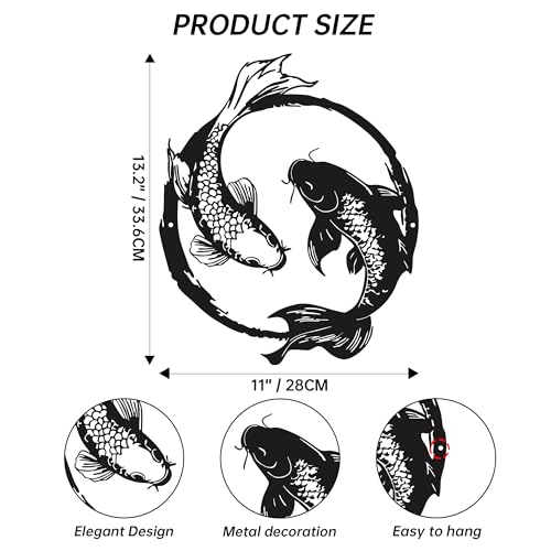 YATEASLU Yin Yang Koi Fish Metal Wall Art - Japanese Decor & Asian Wall Art with Zen Design, 11x13.2 Inch Black Iron Sculpture for Living Room, Bathroom & Yoga Room