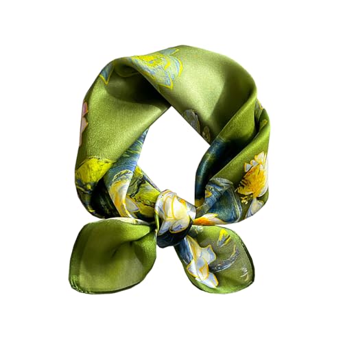 ANDANTINO 100% Mulberry Silk Scarf -21” Lightweight Square Neckerchief – Breathable Digital Printed Scarves with Gift Packed - color: Lotus Flowers-green