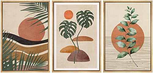 wall26 Framed Canvas Print Wall Art Set Boho Mid-Century Tropical Plant Collage Abstract Shapes Digital Art Modern Art Decorative Minimal Relax/Zen for Living Room, Bedroom, Office - 16"x24"x3 Natural - color: A32-2207-irs18, size: 16" x 24" x 3 Panels NA