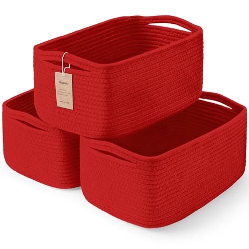3-Pack Small Storage Baskets for Organizing | Woven Shelf Toy Basket | Rope Baskets for Gifts Empty | Closet Organizer Bins with Handles | Cube Decorative Box | 11.8×7.8×5.1” | Christmas Red - color: Red, size: 11.8"L×7.8"W×5.1"H