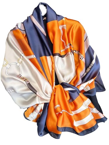 Large Shawl Scarf For Women Lightweight Wraps Silky Headscarf Long Sunscreen Scarfs - color: T27 Orange Chain / 70"x 35"