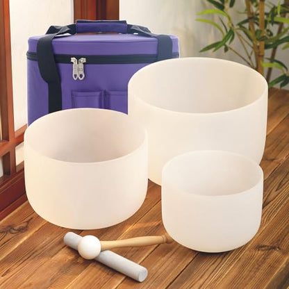 KVKA Set of 3pcs Chakra Frosted Quartz Crystal Singing Bowls Set 8-12 inch with Carrying Case - 12''C 10''F 8''B for Yoga Sound Healing