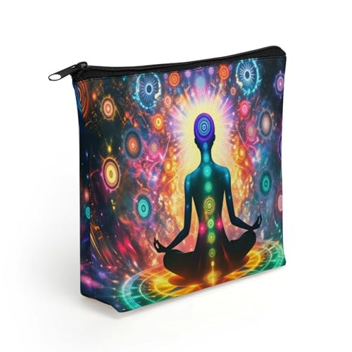 Chakra Meditation Large Capacity Linen Cosmetic Bag with Zipper for Women, Sturdy Durable Makeup Travel Bag for Toiletries Trip Organization
