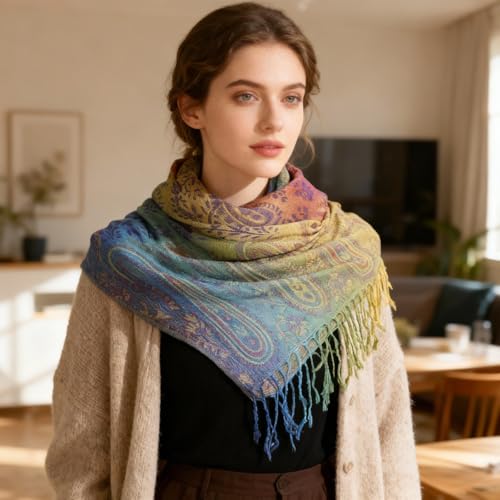 Rave Pashmina Scarf, Fashion Colorful Shawls and Wraps Soft Festival Scarves - color: D-purple (Paisley Pattern)