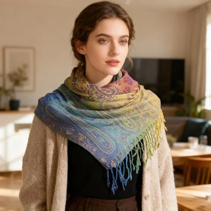 Rave Pashmina Scarf, Fashion Colorful Shawls and Wraps Soft Festival Scarves - color: D-purple (Paisley Pattern)